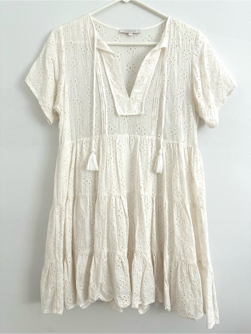Olivaceous Cream White Eyelet Mini Dress with Tassels Medium